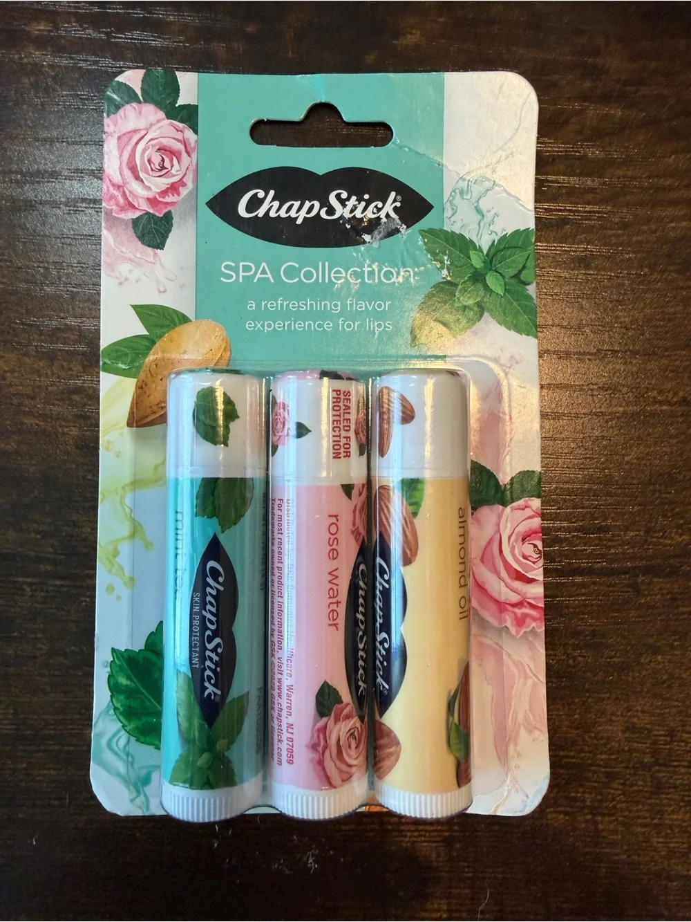 ChapStick Spa Collection Lip Balm Trio — Mint Tea, Rose Water, and Almond Oil.